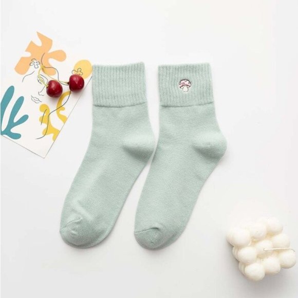 Embroidered Mushroom Ribbed Mid Calf Y2K Cotton Socks - Picture 3 of 15